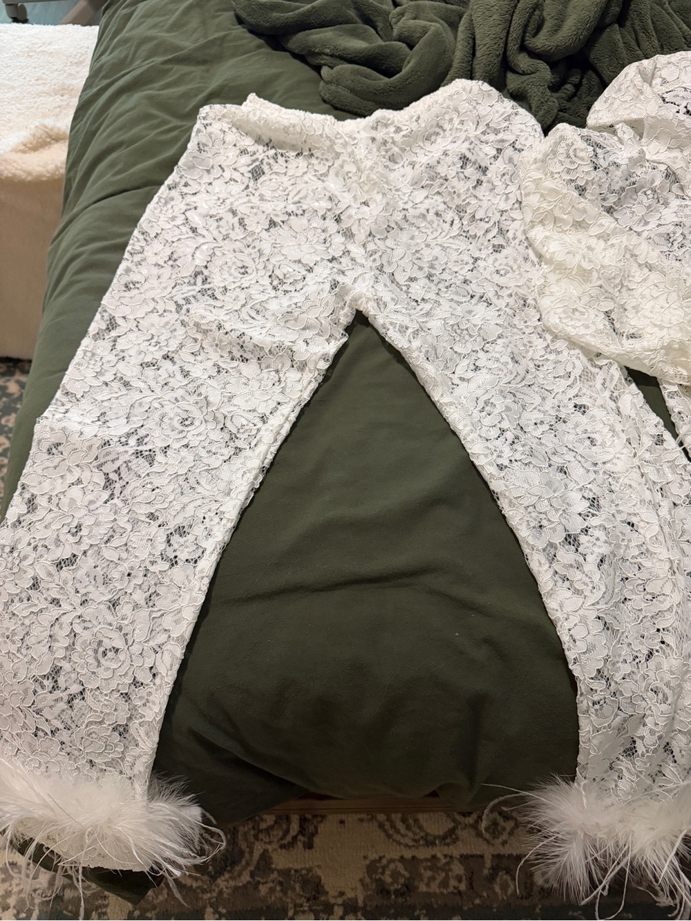 White Lace Bridal Pajama Set with Feather Trim - Picture 3 of 3